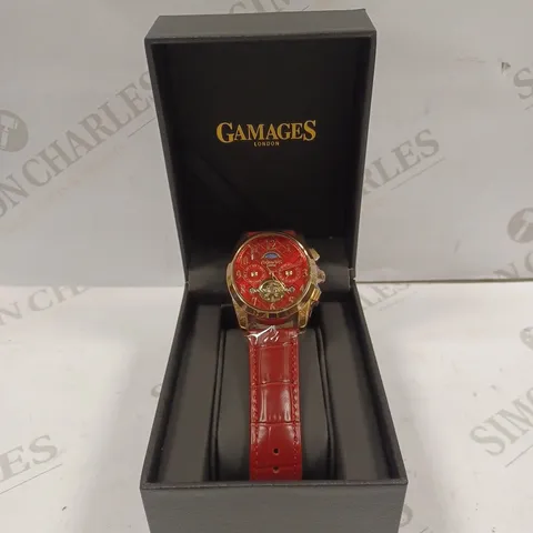 GAMAGES OF LONDON LIMITED EDITION HAND ASSEMBLED MUSE AUTOMATIC ROSE RED WATCH