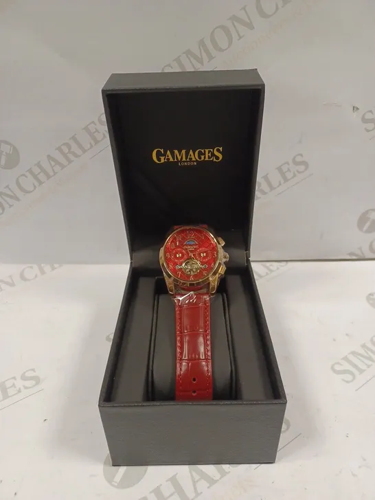 GAMAGES OF LONDON LIMITED EDITION HAND ASSEMBLED MUSE AUTOMATIC ROSE RED WATCH RRP £805