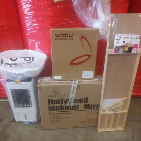 PALLET OF ASSORTED ITEMS INCLUDING MAKEUP MIRROR, TOILET SEAT, AIR COOLER