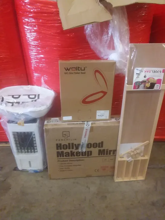 PALLET OF ASSORTED ITEMS INCLUDING MAKEUP MIRROR, TOILET SEAT, AIR COOLER