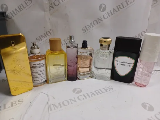 APPROXIMATELY 15 ASSORTED UNBOXED FRAGRANCES TO INCLUDE; PACO RABANNE, THE BODY SHOP, REPLICA, VERSACE AND CONINO LAMBORGHINI