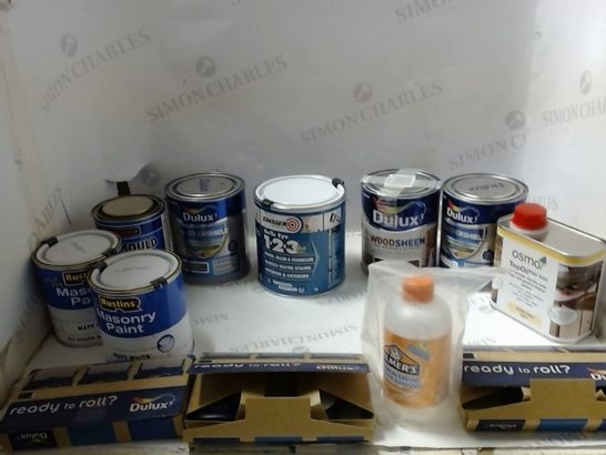 LOT OF ASSORTED ITEMS TO INCLUDE; PAINT, WOODSTAIN, PRIMER ETC