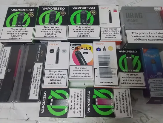 LOT OF ASSORTED E-CIGS AND PARTS TO INCLUDE VAPORESSO, VOOPOO AND ASPIRE