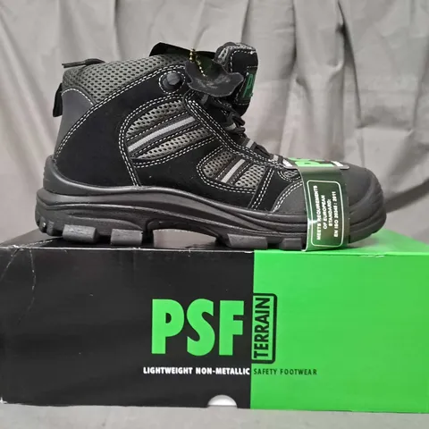 BOX OF APPROXIMATELY 10 BOXED PAIRS OF PSF terrain non-metallic SAFETY BOOTS IN BLACK SIZE 5