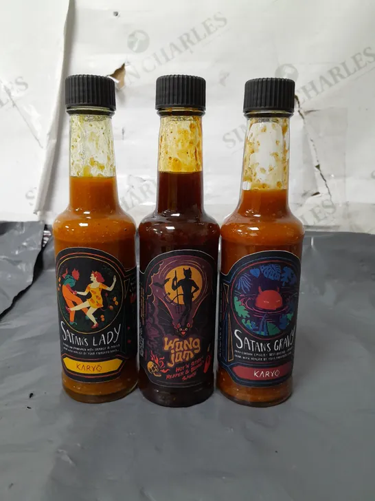 LOT OF 3 ASSORTED BOTTLES OF HOT SAUCE INCLUDES SATANS GRAVY AND WANG JAM