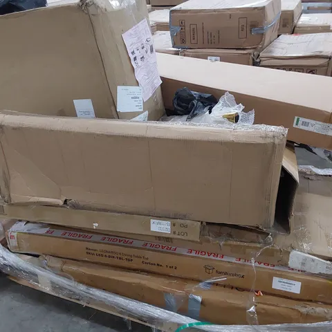 PALLET OF ASSORTED BOXED FURNITURE PARTS, INCLUDING SOFA BED ARMS, BED FRAME PARTS, DONING TABLE PARTS.