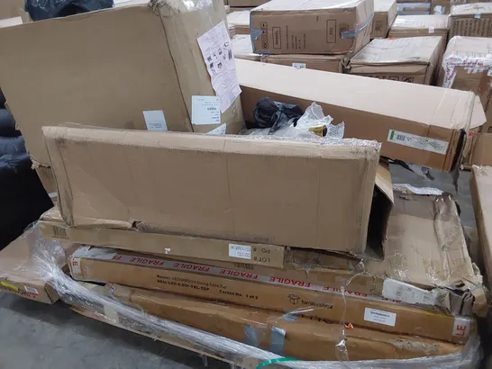 PALLET OF ASSORTED BOXED FURNITURE PARTS, INCLUDING SOFA BED ARMS, BED FRAME PARTS, DONING TABLE PARTS.