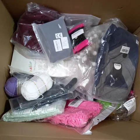 LARGE BOX OF ASSORTED ITEMS TOO INCLUDE VISIBILITY VESTS , JACKETS AND TOYS 