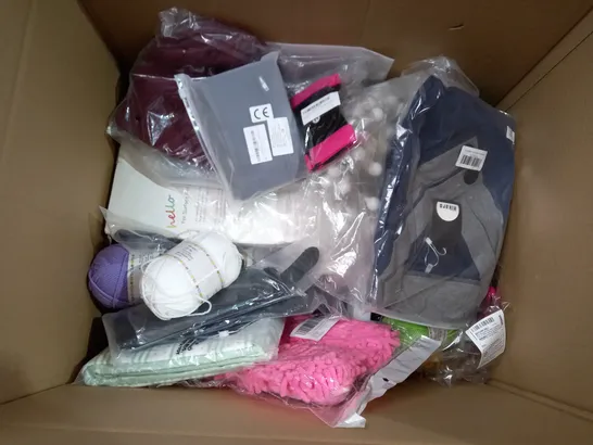 LARGE BOX OF ASSORTED ITEMS TOO INCLUDE VISIBILITY VESTS , JACKETS AND TOYS 