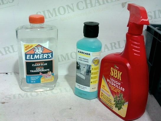 LOT OF APPROX. 15 ASSORTED ITEMS TO INCLUDE: SBK TOUCH WEEDKILLER, ELMERS WASHABLE CLEAR GLUE, KARCHER MULTI PUPOSE FLOOR CLEANER