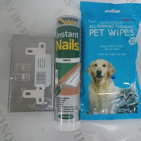 BOX OF APPROXIMATELY 10 ASSORTED HOUSEHOLD ITEMS TO INCLUDE PLUG SOCKETS, HOME ADHESIVE, PET WIPES, ETC