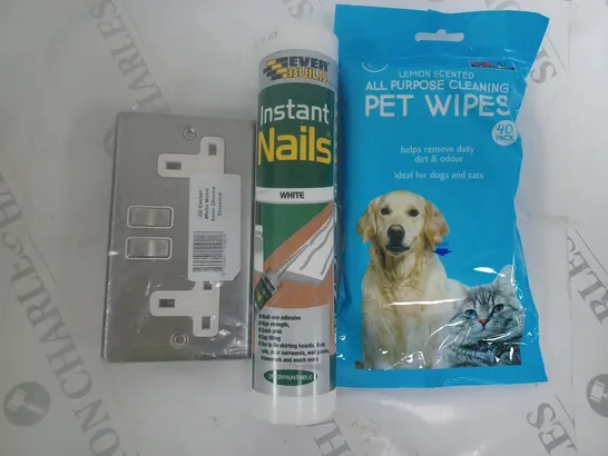 BOX OF APPROXIMATELY 10 ASSORTED HOUSEHOLD ITEMS TO INCLUDE PLUG SOCKETS, HOME ADHESIVE, PET WIPES, ETC