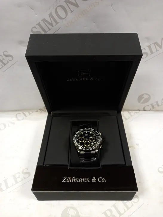 MENS ZIHLMANN & Co Z400 WATCH – MULTI FUNCTION MOVEMENT – BLACK STAINLESS STEEL STRAP – BLACK DIAL – 3ATM WATER RESISTANT