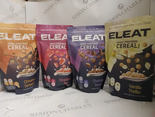 4 X PACKETS OF ELEAT HIGH PROTEIN CEREAL TO INCLUDE CHOCOLATE, STRAWBERRY, CINNAMON, VANILLA 