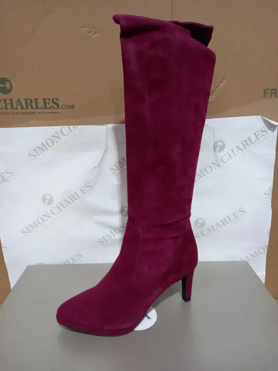 PETER KAISER SUEDE HEELED KNEE HIGH BOOTS, BURGUNDY - SIZE 6