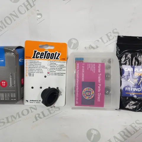 BOX OF APPROXIMATELY 10 ASSORTED CAR AND VECHILE PARTS AND ACCESSORIES TO INCLUDE ICETOOLZ FREEWHEEL TOOL, CAR PLATES DIRECT FITTING KIT, HORSE RAILER PARTS BULB KIT, ETC