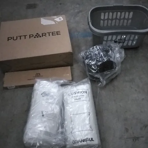 PALLET OF ASSORTED ITEMS INCLUDING PUTT PARTEE INDOOR GREEN, LAUNDRY BASKET, MULTIFUNCTION RICE COOKER, STAINLESS STEEL, DOUBLE TOWEL RAIL AND CUSHIONS