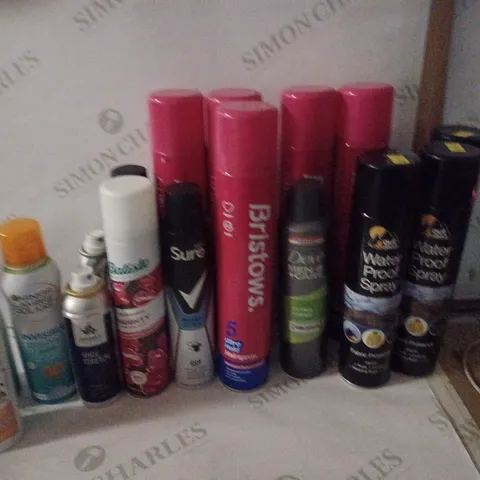 BOX OF HOUSEHOLD ITEMS TO INCLUDE BRISTOWS HAIRSPRAY , WATER PROOF SPRAY , ETC