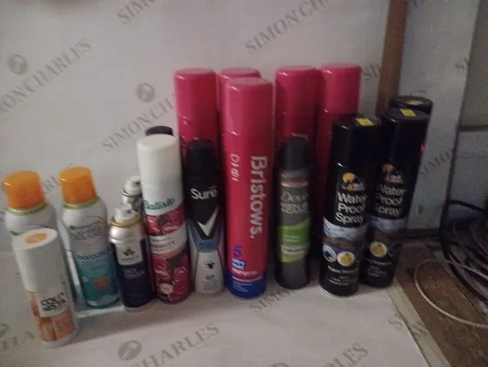 BOX OF HOUSEHOLD ITEMS TO INCLUDE BRISTOWS HAIRSPRAY , WATER PROOF SPRAY , ETC