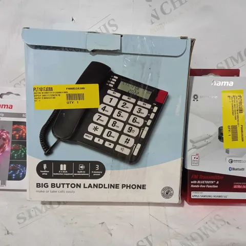 BOX OF APPROXIMATELY 20 ASSORTED ELECTRICAL ITEMS TO INCLUDE ASDA TECH BIG BUTTON LANDLINE PHONE, HAMA USB LED LIGHT STRIP, HAMA FM TRANSMITTER, ETC