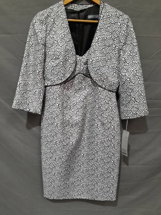 MICHAELA LOUISA PATTERENED BLACK ON WHITE DRESS AND JACKET SET - UK 12