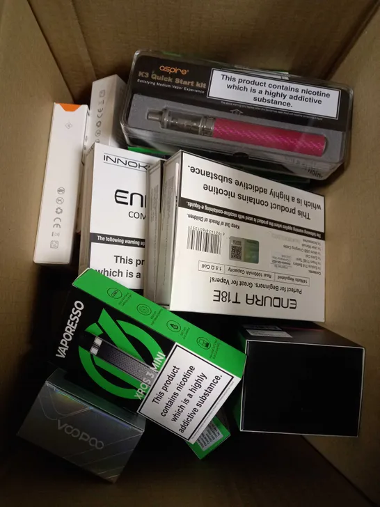 BOX OF APPROXIMATELY 10 ASSORTED E-CIGARATTES TO INCLUDE VAPEROSSO , ASPIRE, INNOKIN ETC.