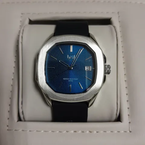 MENS RAYMOND GAUDIN JPN MOVEMENT WATCH WITH 316 STAINLESS STEEL CASE, BLUE DIAL AND RUBBER STRAP IN WOODEN GIFT BOX 