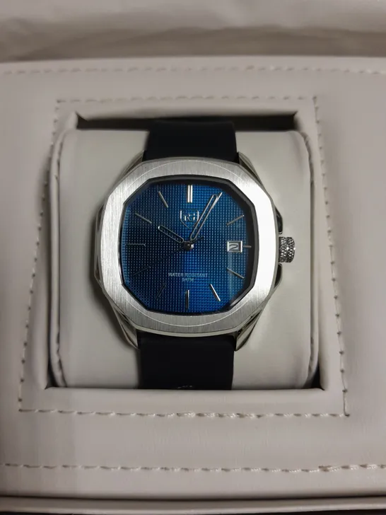 MENS RAYMOND GAUDIN JPN MOVEMENT WATCH WITH 316 STAINLESS STEEL CASE, BLUE DIAL AND RUBBER STRAP IN WOODEN GIFT BOX 