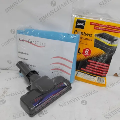 APPROXIMATELY 15 ASSORTED HOUSEHOLD ITEMS TO INCLUDE VACUUM CLEANER HEAD, PAINTWIZ SCUTTLE LINERS, WATERPROOF BED PAD, ETC