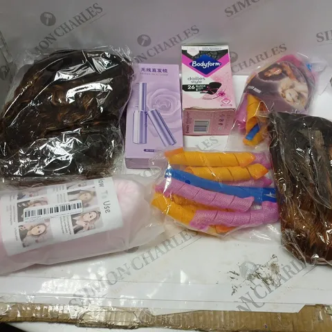 BOX OF ASSORTED COSMETIC ITEMS TOO INCLUDE WIGS AND HAIR BRUSHES 