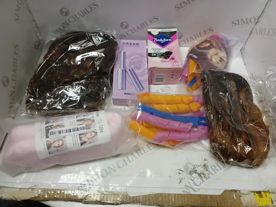 BOX OF ASSORTED COSMETIC ITEMS TOO INCLUDE WIGS AND HAIR BRUSHES 