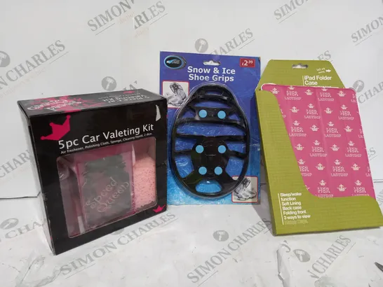 BOX OF 3 ITEMS TO INCLUDE CAR VALETING KIT, IPAD CASE AND SHOE GRIPS