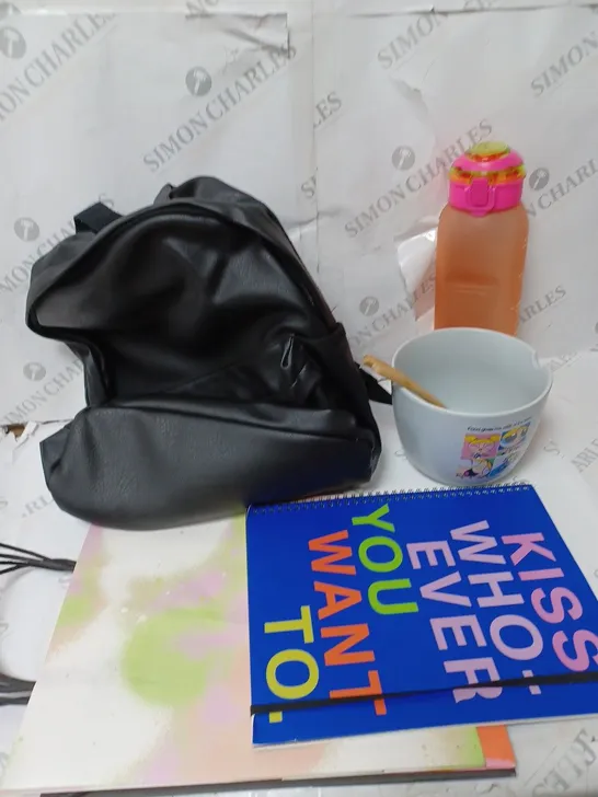 APPROXIMATELY 7 COTTON ON ITEMS INCLUDING BLACK LEATHER STYLE BACKPACK, LARGE FOOD BOWL AND BOTTLE, NOTEBOOK