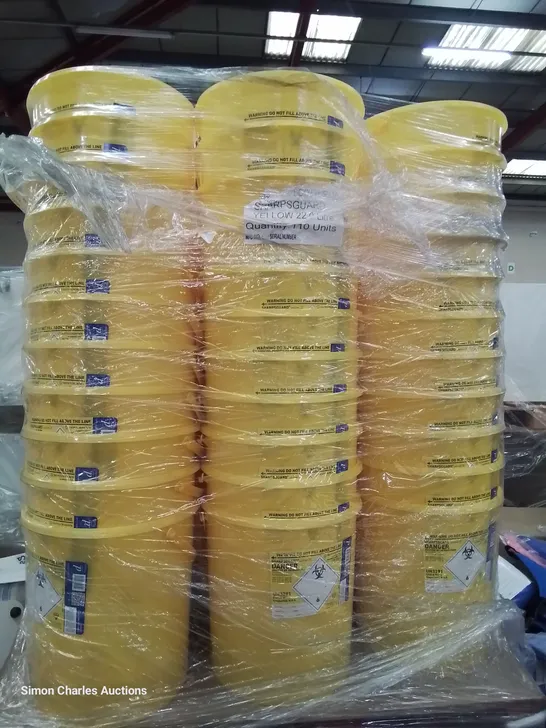 PALLET OF APPROXIMATELY 110 SHAPRGUARD YELLOW 22L BINS