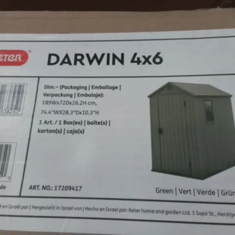 BOXED KETER DARWIN 4X6 OUTDOOR SHED IN GREEN - 1BOX