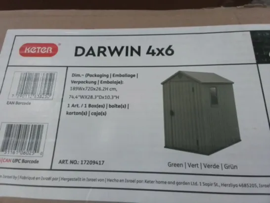 BOXED KETER DARWIN 4X6 OUTDOOR SHED IN GREEN - 1BOX