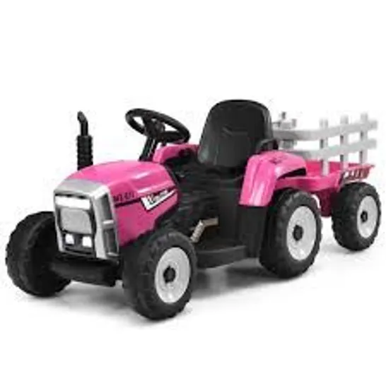 BOXED COSTWAY 12V KIDS RIDE ON TRACTOR WITH TRAILER MUSIC AND LED LIGHTS - PINK