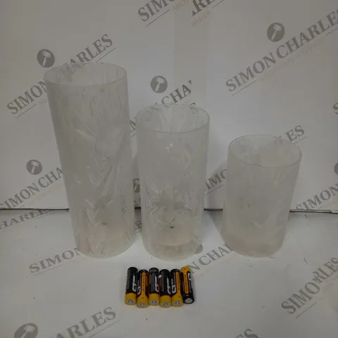 BOXED SET OF 3 CYLINDRICAL GLASS LIT DÉCOR PIECES 