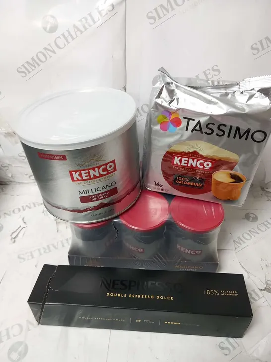 ASSORTED COFFEE PRODUCTS TO INCLUDE; KENCO MILLICANO AMERICANO ORIGINAL BARISTA EDITION 500G,  TASSIMO KENCO 16X NESPRESSO DOUBLE ESPRESSO DOLCE AND KENCO MILLICANO 6 X 95G