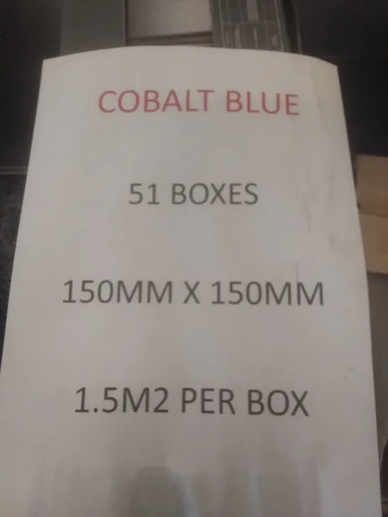 PALLET OF APPROXIMATELY 51 BOXES OF NICBOND PLAIN COLOURS COBALT BLUE TILES 150MM X 150MM APPROXIMATELY 1.5MSQ PER BOX 