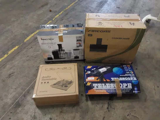 PALLET TO CONTAIN ASSORTED HOUSEHOLD ITEMS AND CONSUMER PRODUCTS. INCLUDING JUICER BLENDER SET, COOKER HOOD, KIDS BIKE, AUDIO TURNTABLES, TELESCOPE ETC  