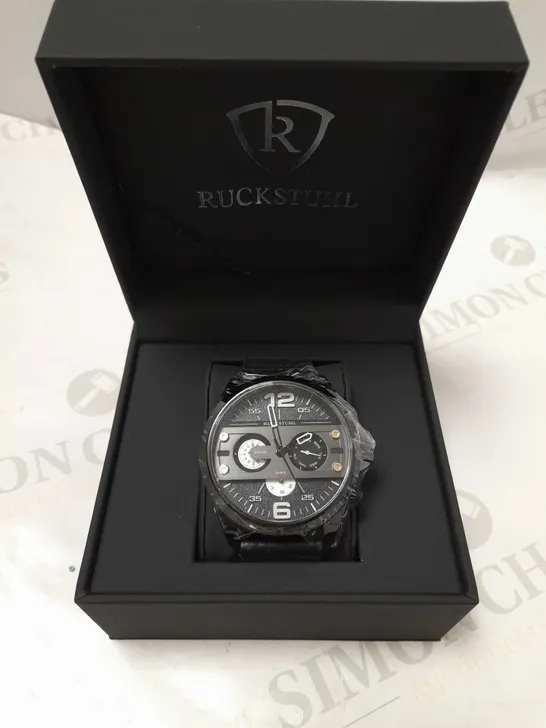 RUCKSTUHL TRIPLE DIAL BLACK LEATHER STRAP WRISTWATCH