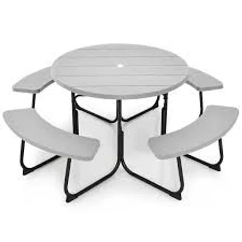 BOXED COSTWAY 8-PERSON ROUND PICNIC TABLE BENCH SET WITH 4 BENCHES AND UMBRELLA HOLE - GREY (2 BOXES)