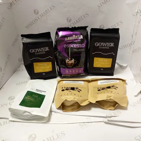 LOT OF ASSORTED FOOD AND DRINK TO INCLUDE LAVAZZA COFFEE BEANS, GOWER COFFEE AND WORKSHOP COFFEE