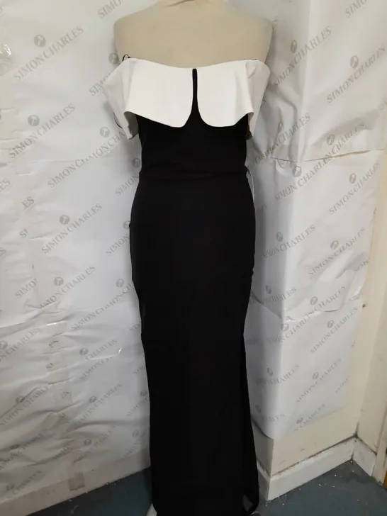 VESPER OFF SHOLDER LEG SPLIT MAXI DRESS IN BLACK AND WHITE SIZE 8