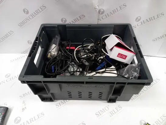 BOX TO CONTAIN APPROX. 14 X ASSORTED TECH PRODUCTS AND ACCESSORIES. INCLUDES REMOTES, CHARGING CABLES, SPEAKER ETC