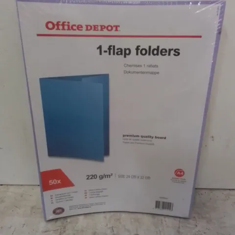 AS NEW BOXED 5 X PACKS OF OFFICE DEPOT 1-FLAP FOLDERS, COLOURS VARY (50 FOLDERS PER PACK)