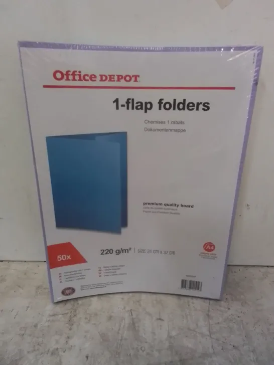 AS NEW BOXED 5 X PACKS OF OFFICE DEPOT 1-FLAP FOLDERS, COLOURS VARY (50 FOLDERS PER PACK)