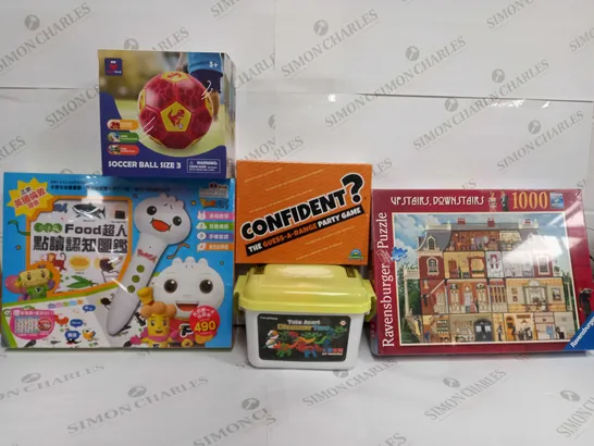 BOX OF APPROX 15 ASSORTED ITEMS TO INCLUDE - HAHALAND FOOTBALL SIZE 3 - FANCYWHOOP TAKE APART DINOSAUR TOYS - RAVENSBURGER UP STAIRS DOWNSTAIRS JIGSAW PUZZLE ECT