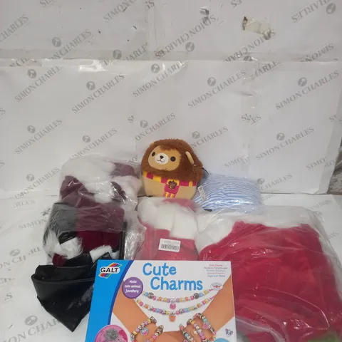 MEDIUM BOX OF ASSORTED TOYS AND GAMES TO INCLUDE TEDDIES, CUTE CHARMS AND FANCY DRESS COSTUMES